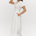 White Lace Hem Maxi Dress featuring a V-neckline and short balloon sleeves, available from Hilary Radley.