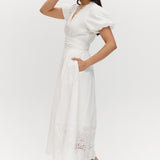 White Lace Hem Maxi Dress featuring a V-neckline and short balloon sleeves, available from Hilary Radley.