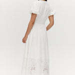 White Lace Hem Maxi Dress featuring a V-neckline and short balloon sleeves, available from Hilary Radley.