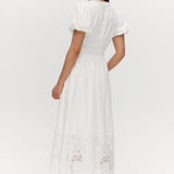 White Lace Hem Maxi Dress featuring a V-neckline and short balloon sleeves, available from Hilary Radley.