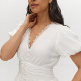 White Lace Hem Maxi Dress featuring a V-neckline and short balloon sleeves by Hilary Radley.
