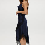 Navy Lace Trim Satin Cami Dress featuring a cowl neckline and elegant lace trim by Hilary Radley.