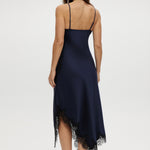 Navy Lace Trim Satin Cami Dress featuring a cowl neckline and delicate lace trim by Hilary Radley.