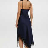 Navy Lace Trim Satin Cami Dress featuring a cowl neckline and delicate lace trim by Hilary Radley.