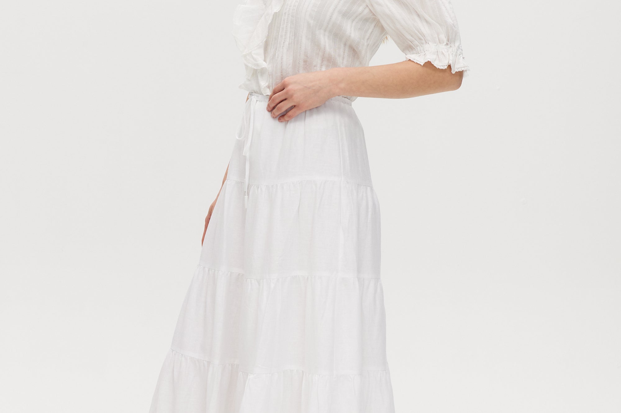 White Tiered Linen Blend Midi Skirt XS