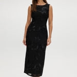 Black midi dress with floral embroidery, sleeveless and open-back design.