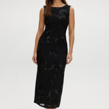 Black midi dress with floral embroidery, sleeveless and open-back design.