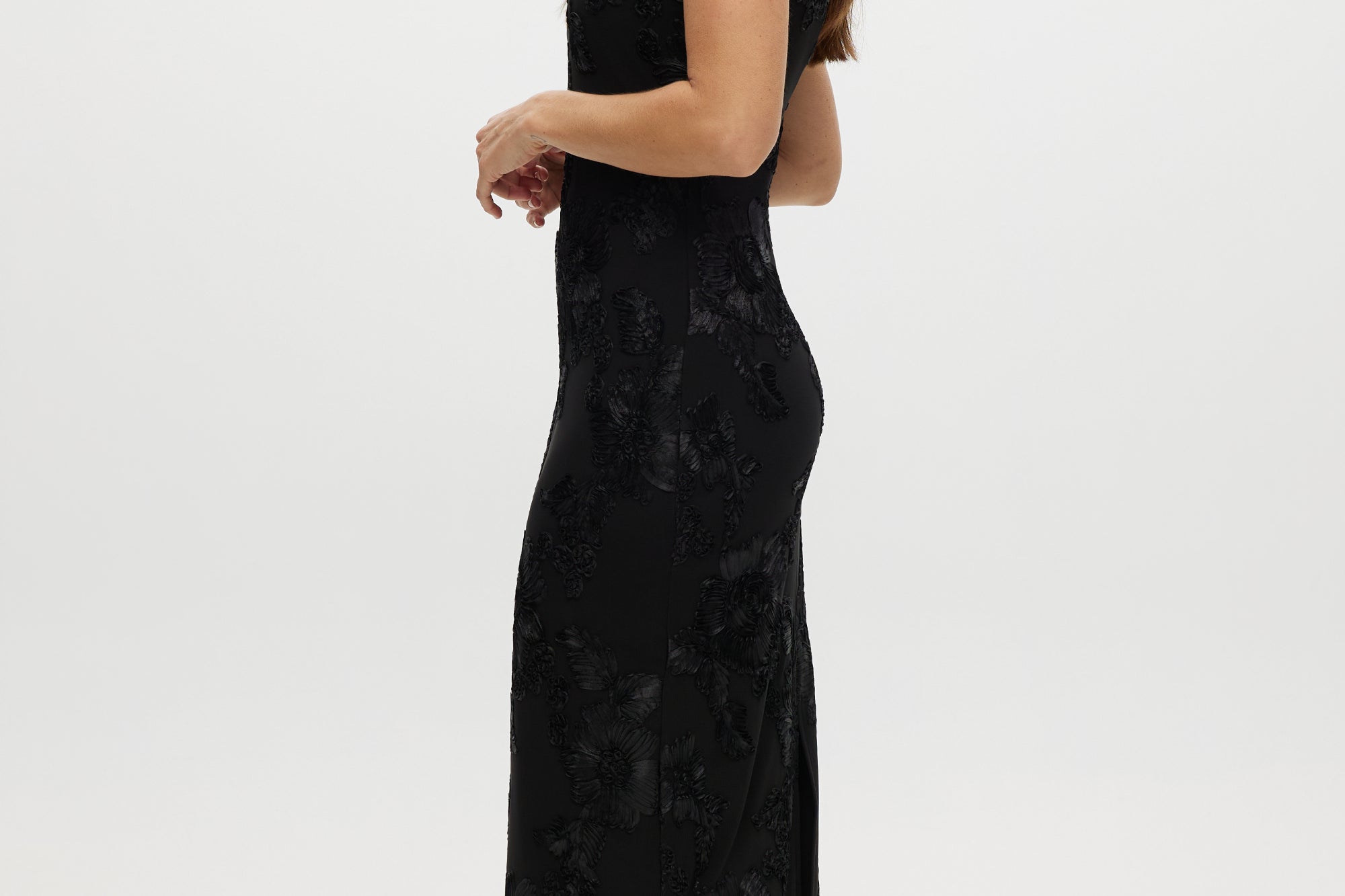 Black Embroidered Mesh Midi Dress with floral details, sleeveless and open-back design by Hilary Radley.
