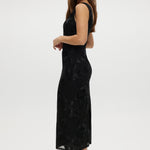 Black Embroidered Mesh Midi Dress with floral details, sleeveless and open-back design by Hilary Radley.