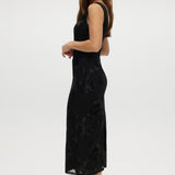Black Embroidered Mesh Midi Dress with floral details, sleeveless and open-back design by Hilary Radley.