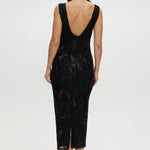 Black Embroidered Mesh Midi Dress featuring floral embroidery, sleeveless cut, and open-back design by Hilary Radley.