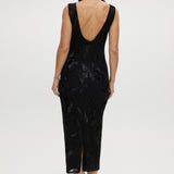 Black Embroidered Mesh Midi Dress featuring floral embroidery, sleeveless cut, and open-back design by Hilary Radley.