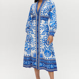 White and Blue floral midi dress, V-neckline, button front, crochet trim, puff sleeves.