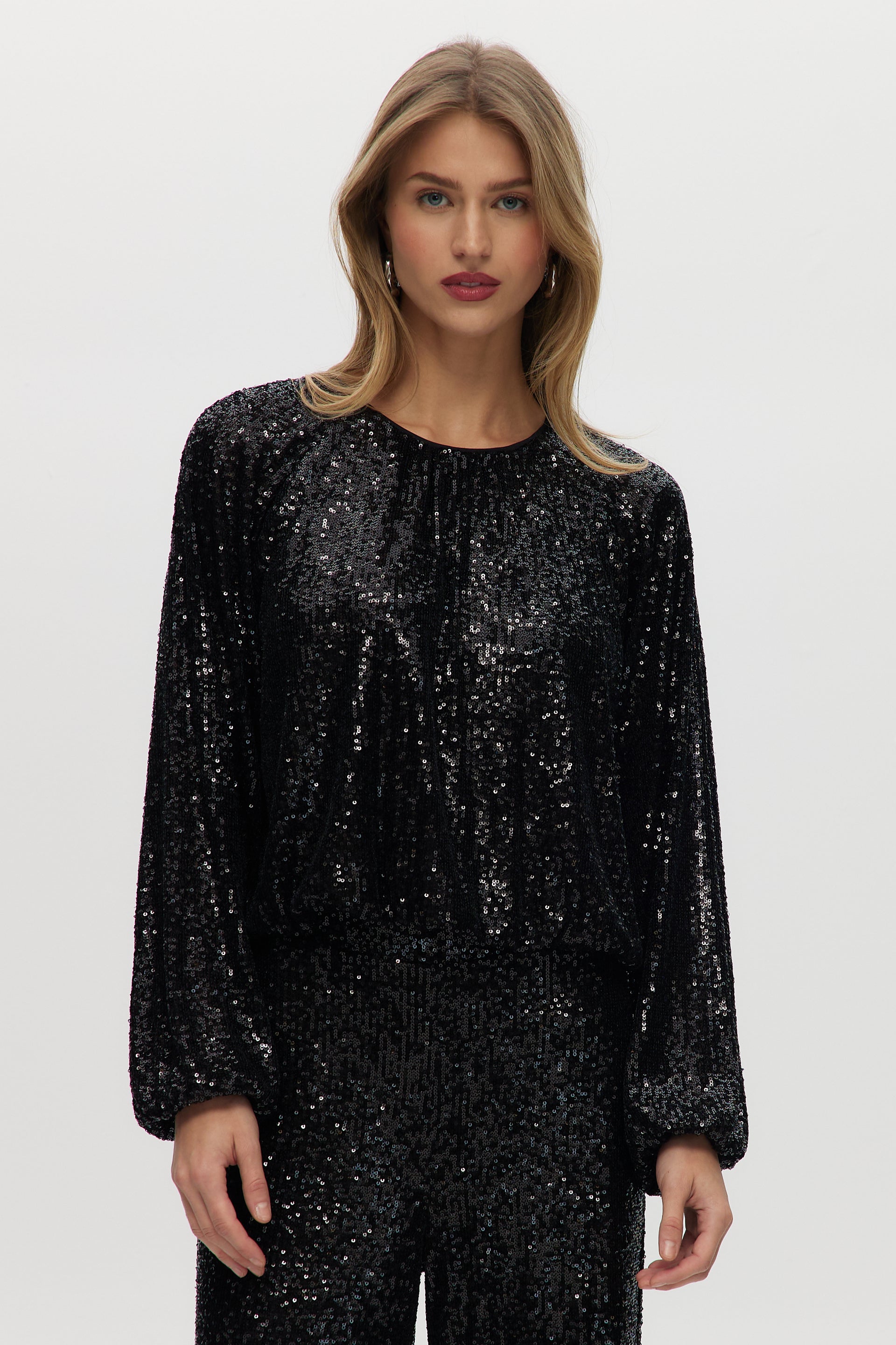 Black Sequin Raglan Sleeve Cropped Top  Hilary Radley