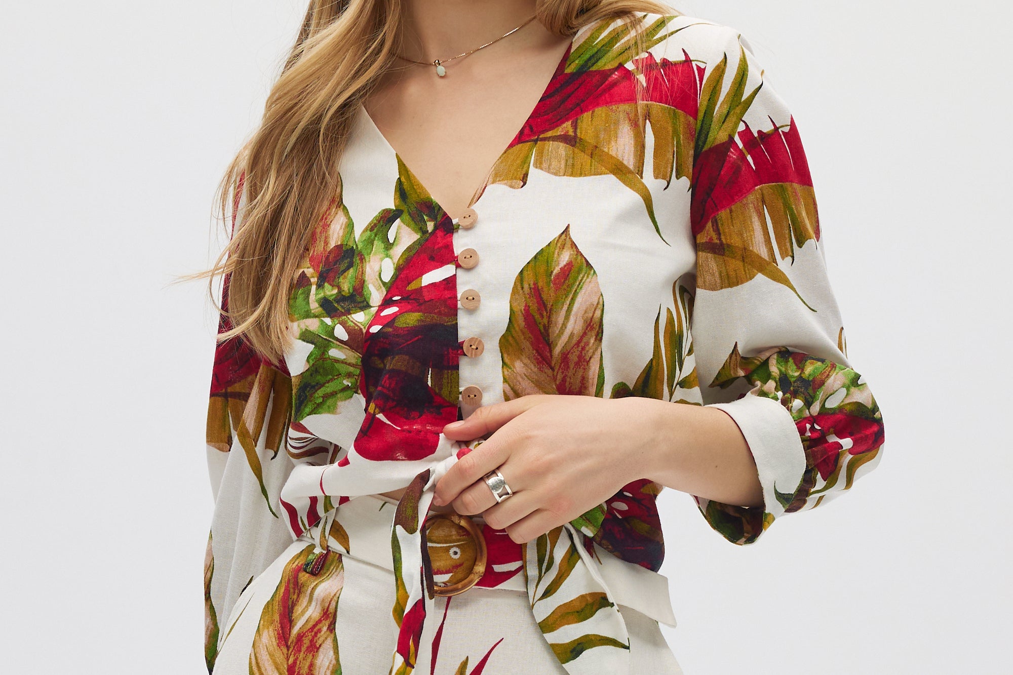 Linen Belted Top With Floral Print front