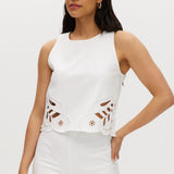 Off-White sleeveless top with embroidered cotton and button-back closure.