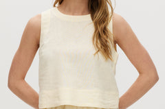 Yellow sleeveless cropped top with crew neckline and tie-back detail.