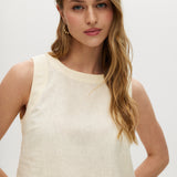 Yellow sleeveless cropped top featuring a crew neckline and tie-back detail by Hilary Radley.