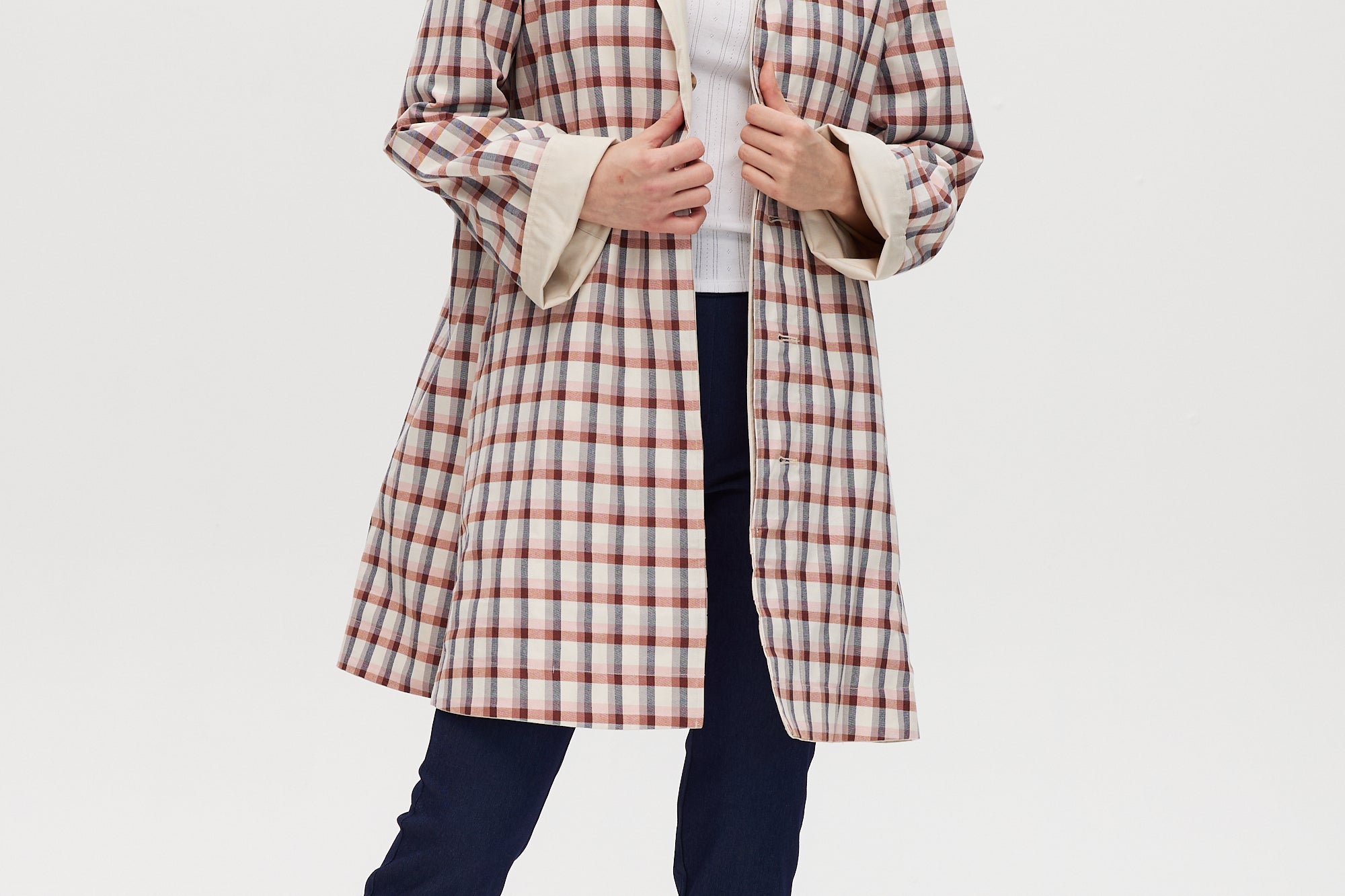 Hilary Radley Cream Reversible Plaid & Solid Trench Jacket featuring a button-front closure and relaxed fit for versatile styling.