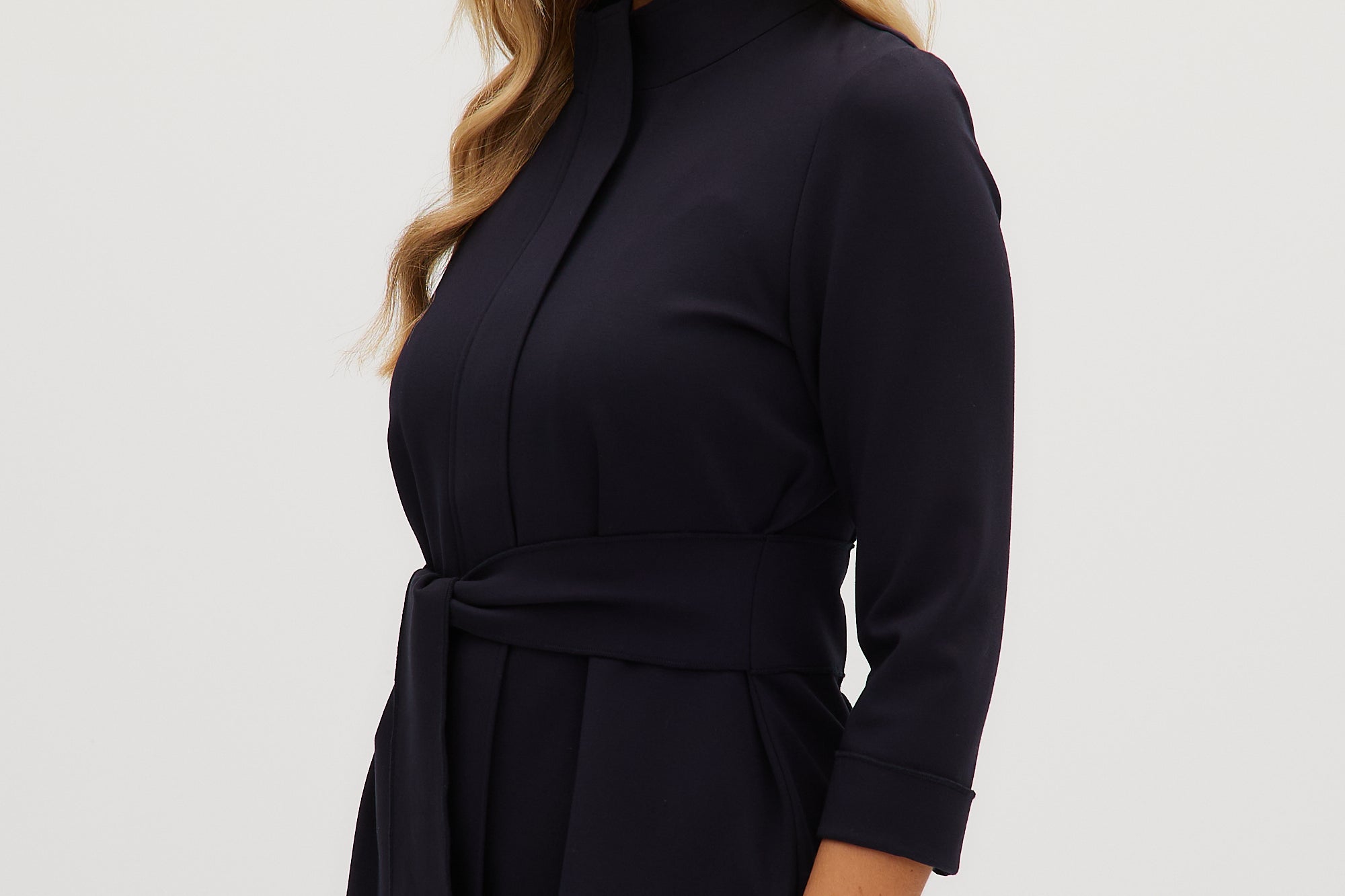 Navy Premium-knit belted jacket side