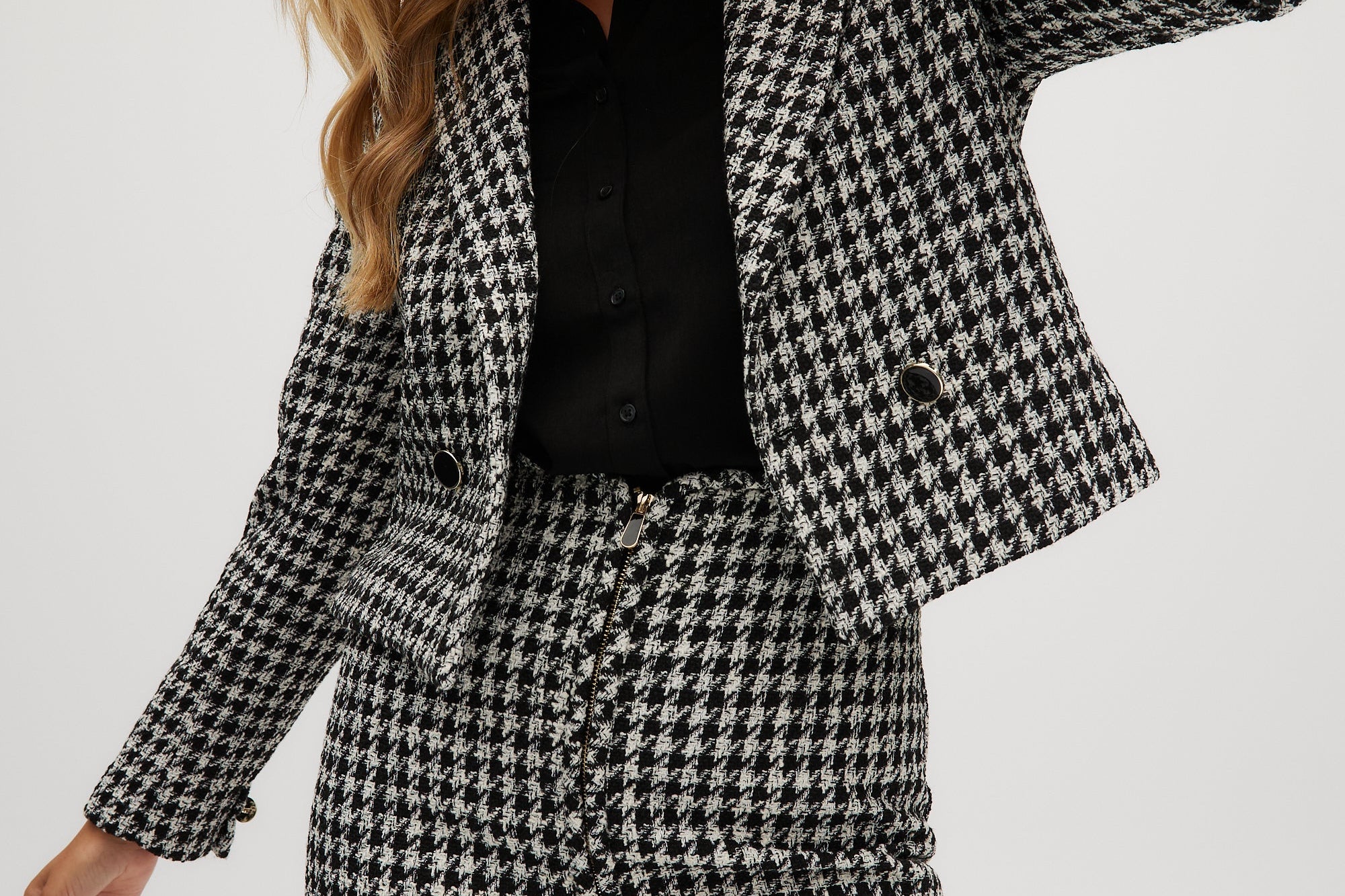 Navy Off White High-rise twill jacket in houndstooth front 2