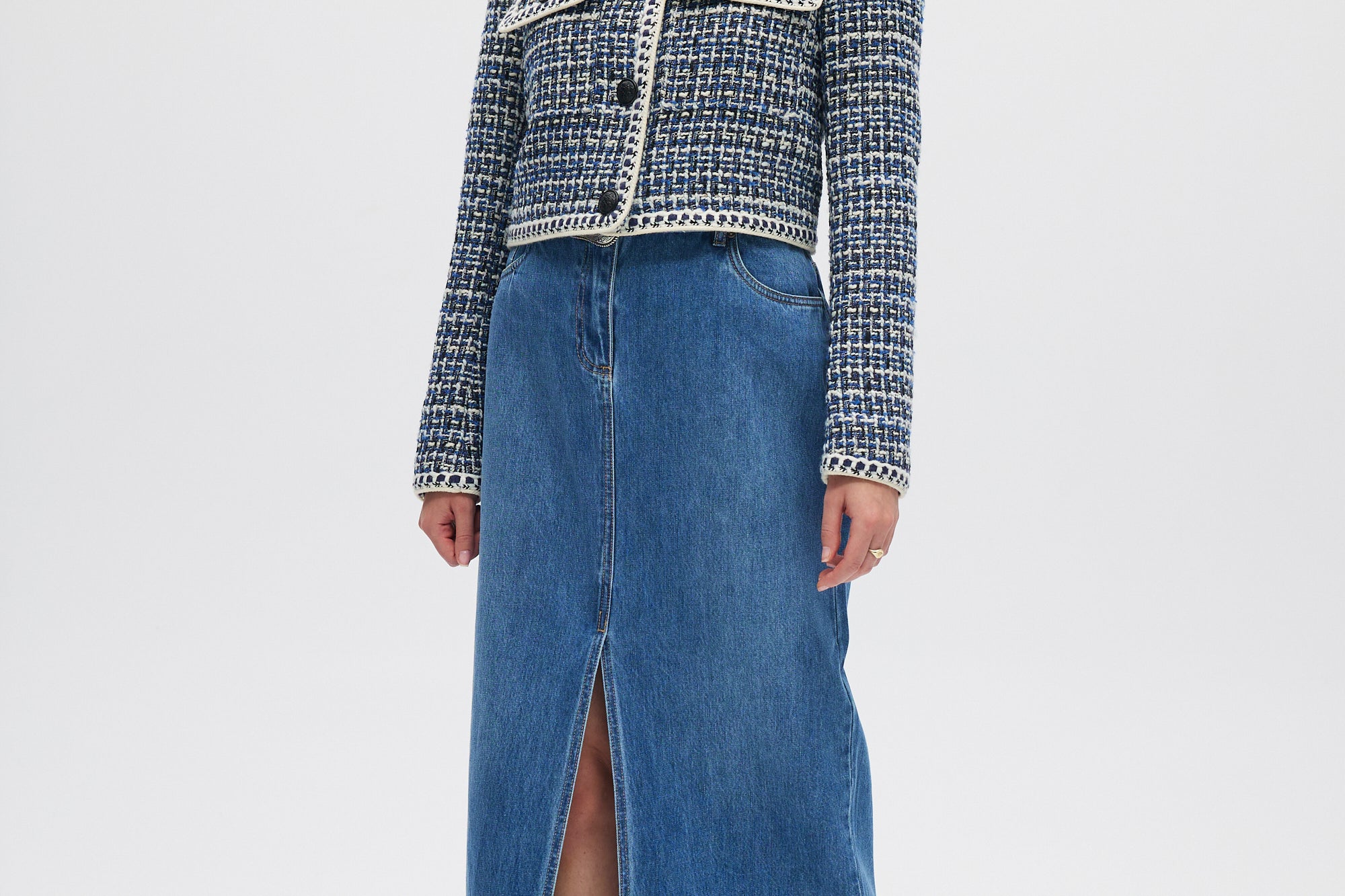 Blue Textured Bouclé Cropped Jacket front