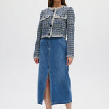 Blue Textured Bouclé Cropped Jacket front
