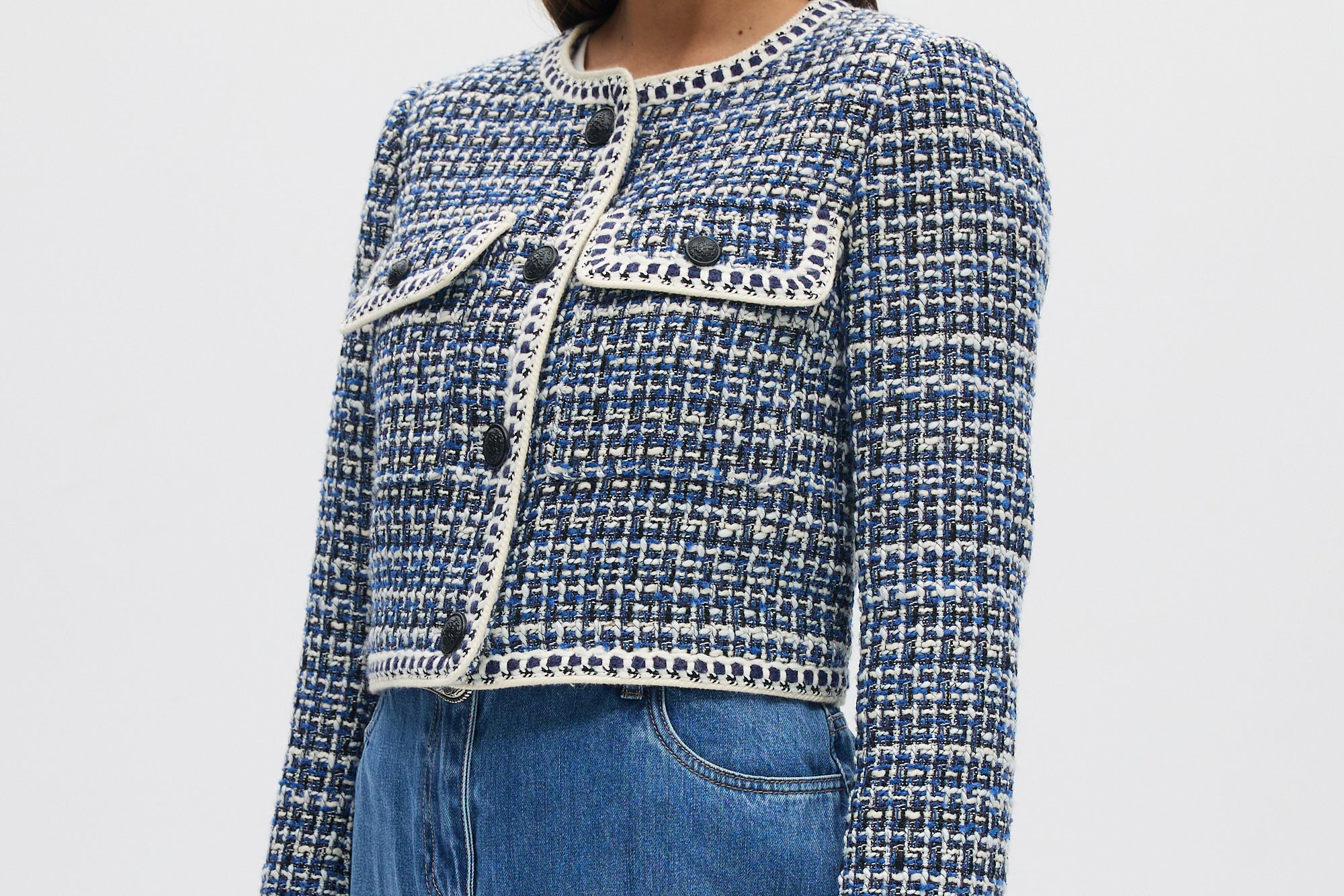 Blue Textured Bouclé Cropped Jacket side