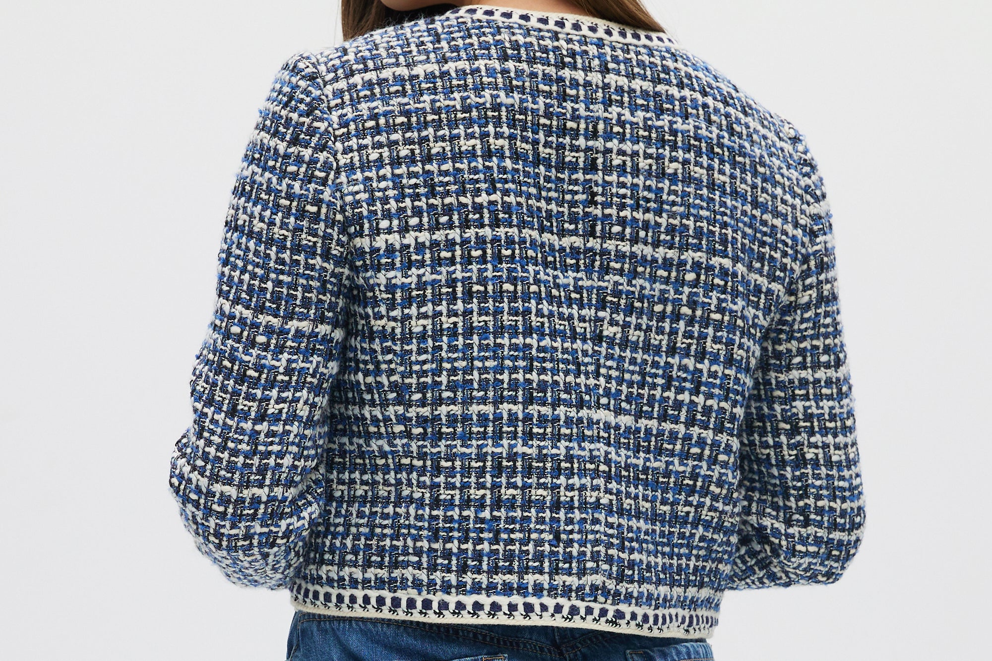 Blue Textured Bouclé Cropped Jacket back