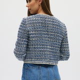 Blue Textured Bouclé Cropped Jacket back