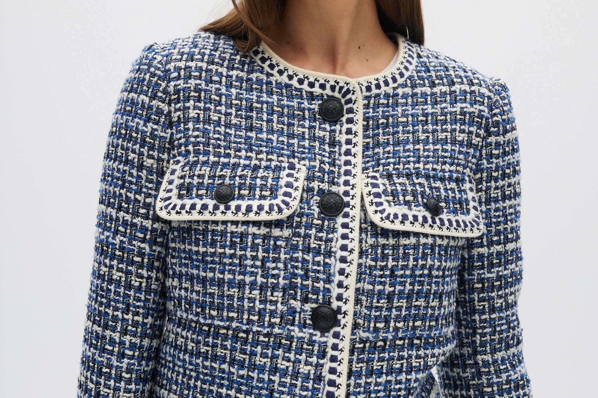 Blue Textured Bouclé Cropped Jacket front 2