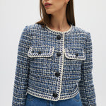 Blue Textured Bouclé Cropped Jacket front 2