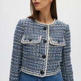 Blue Textured Bouclé Cropped Jacket front 2