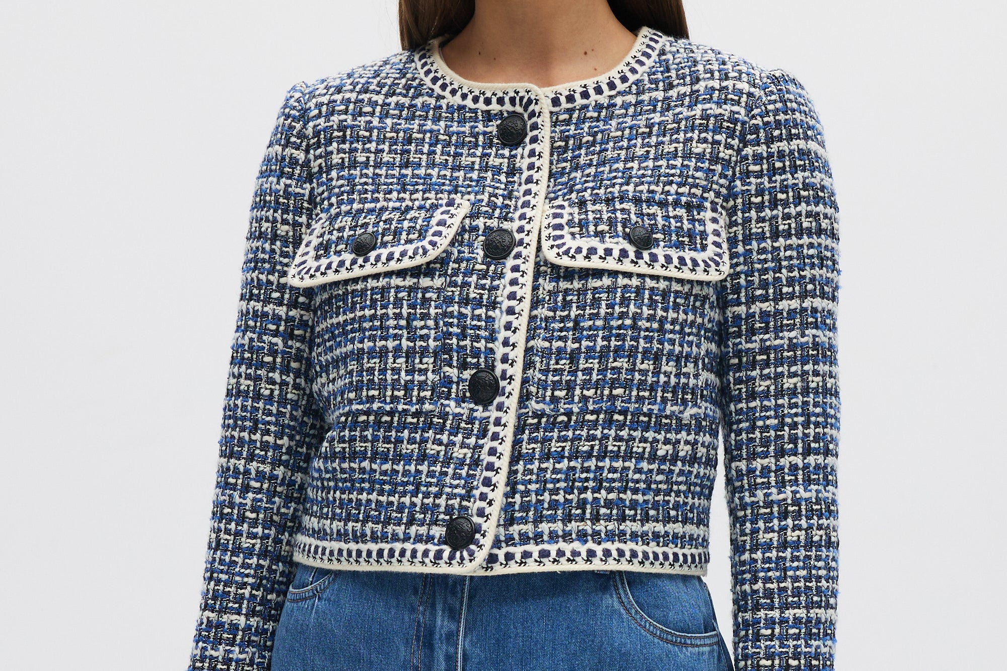 Blue Textured Bouclé Cropped Jacket front 3