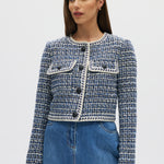 Blue Textured Bouclé Cropped Jacket front 3