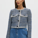 Blue Textured Bouclé Cropped Jacket front 3