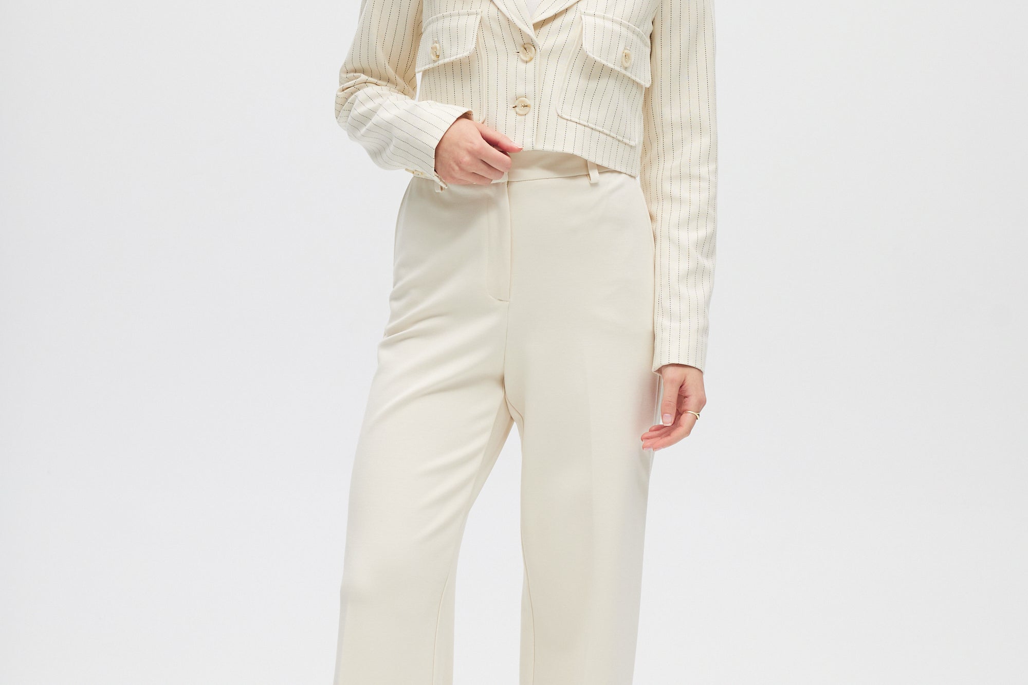 Off White Pinstripe Cropped Blazer full body