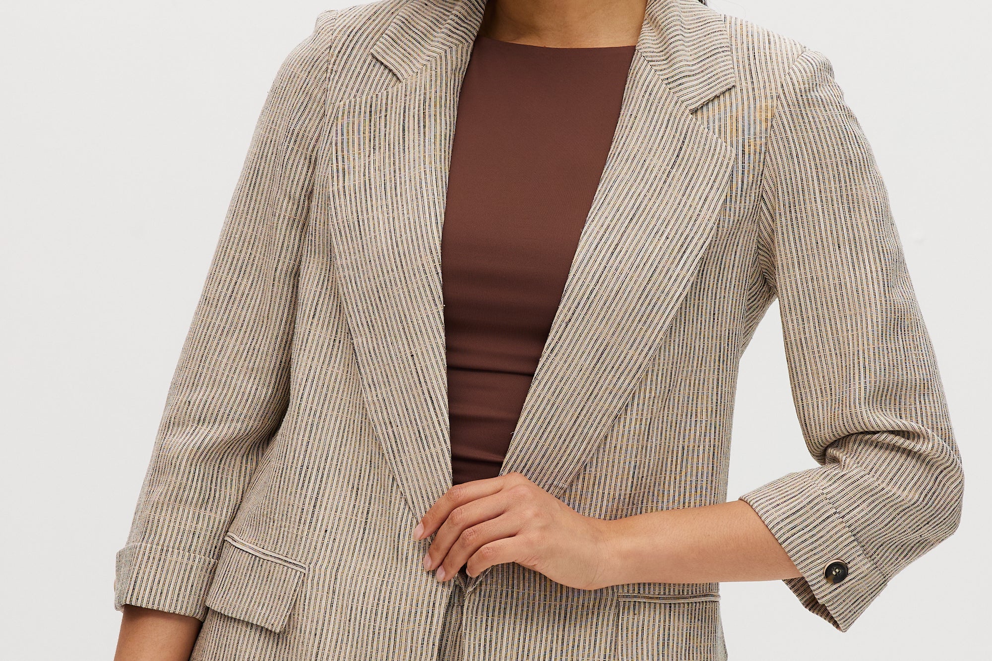 Beige striped linen blazer with 3/4 sleeves and lapel collar