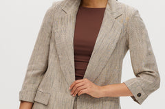 Beige striped linen blazer with 3/4 sleeves and lapel collar