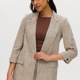 Beige striped linen blazer with 3/4 sleeves and lapel collar