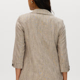 Beige striped yarn-dye linen blazer featuring 3/4 sleeves and a lapel collar by Hilary Radley.