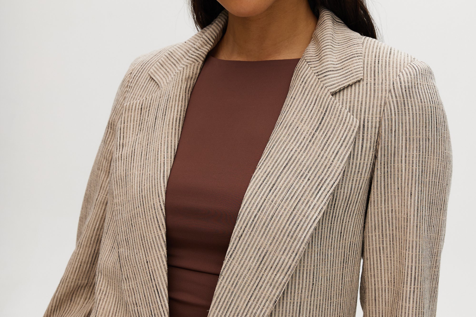 Beige Striped Yarn-Dye Linen Blazer featuring a lapel collar and 3/4 sleeves by Hilary Radley.