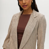Beige Striped Yarn-Dye Linen Blazer featuring a lapel collar and 3/4 sleeves by Hilary Radley.