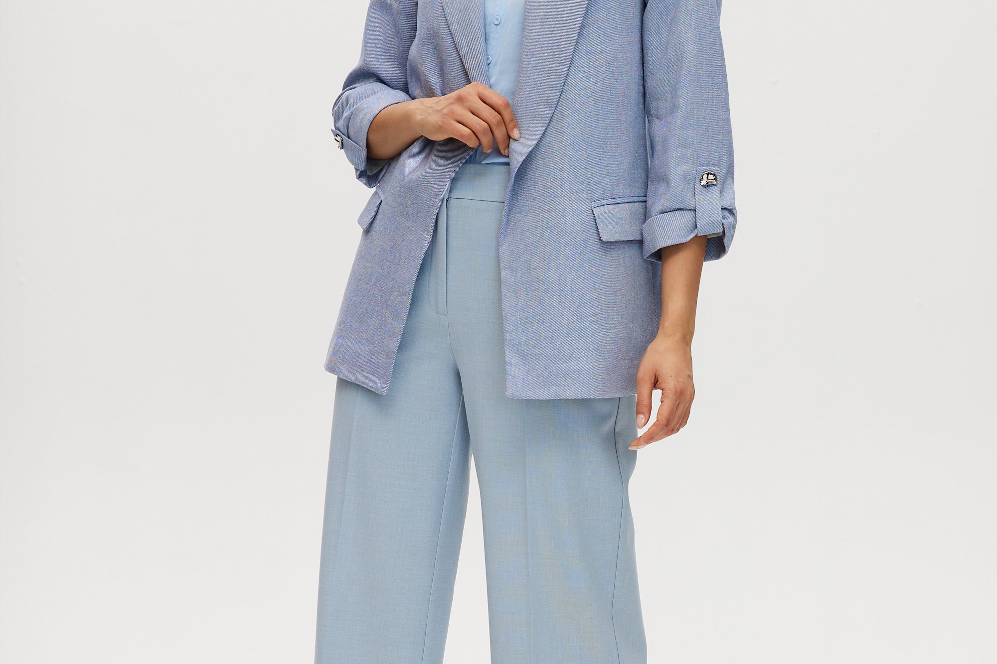 Heather Blue cotton twill open blazer featuring 3/4 sleeves and notched lapels by Hilary Radley.
