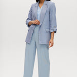 Heather Blue cotton twill open blazer featuring 3/4 sleeves and notched lapels by Hilary Radley.
