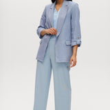 Heather Blue cotton twill open blazer featuring 3/4 sleeves and notched lapels by Hilary Radley.