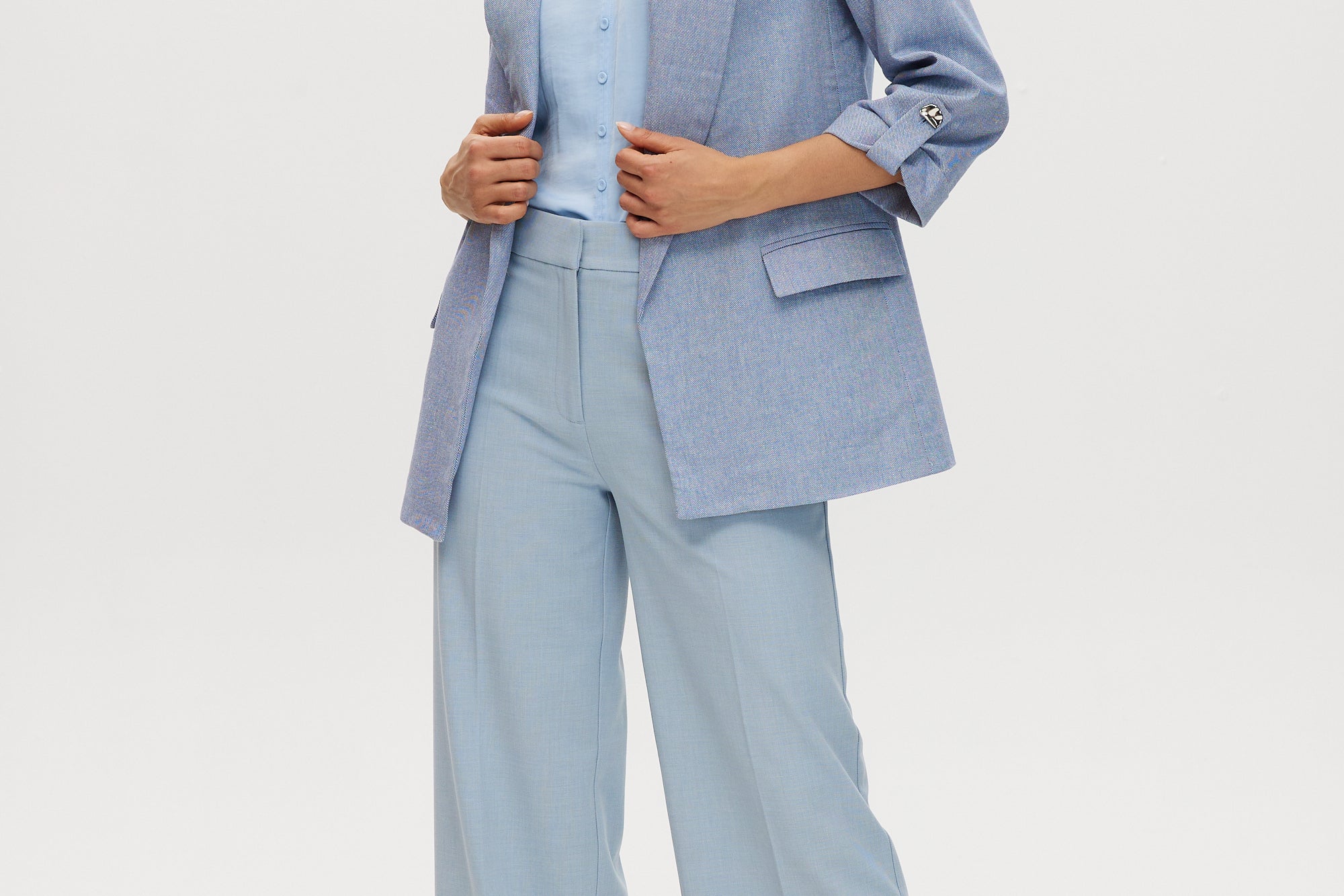 Heather Blue cotton twill open blazer with 3/4 sleeves and notched lapels.
