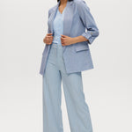 Heather Blue cotton twill open blazer with 3/4 sleeves and notched lapels.