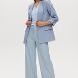 Heather Blue cotton twill open blazer with 3/4 sleeves and notched lapels.