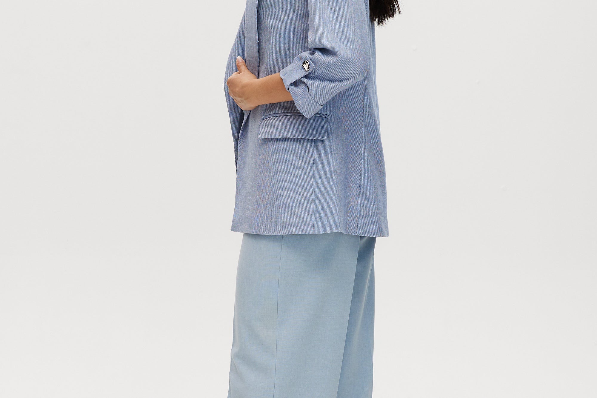 Heather Blue Cotton Twill Open Blazer with 3/4 sleeves and notched lapels by Hilary Radley.